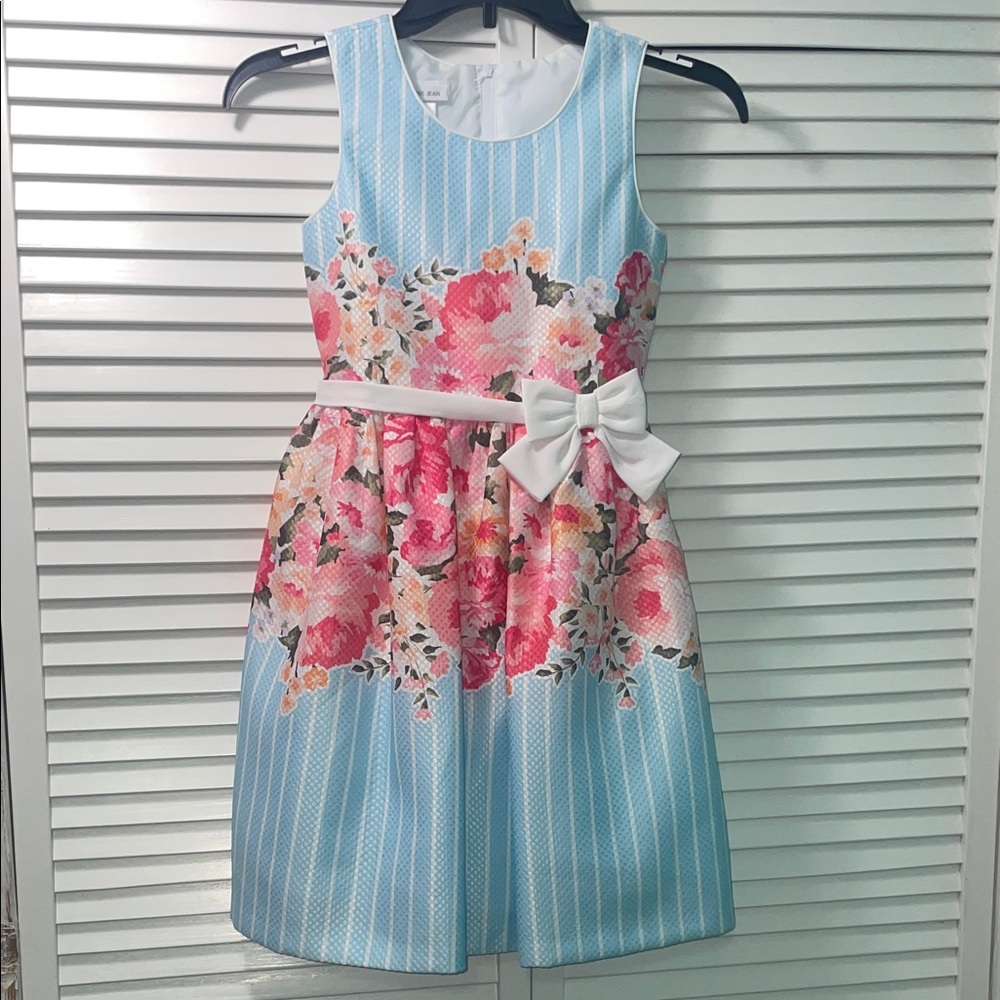 Bonnie Jean Light Blue Floral Sleeveless Dress with White Bow
